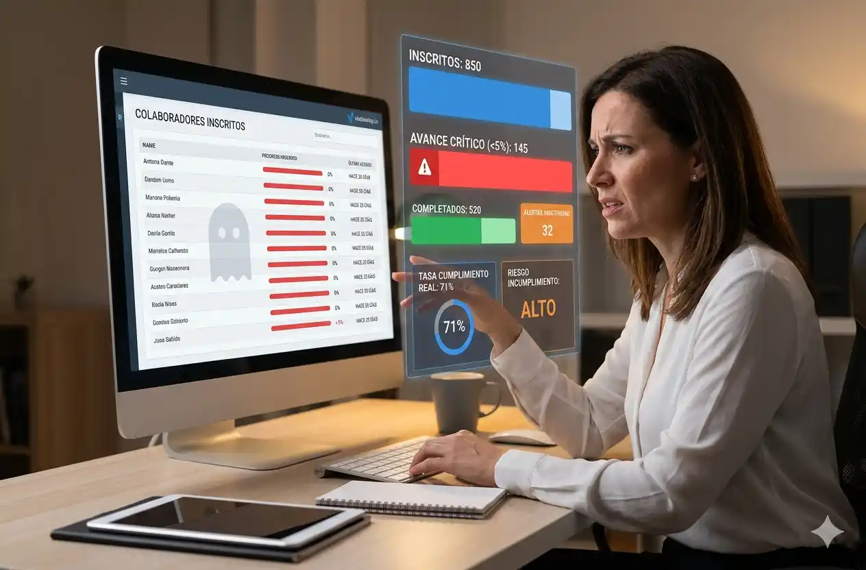 Gerente de capacitación analizando panel de trazabilidad de AprendeMetric con alertas de avance crítico y colaboradores inactivos en Moodle.